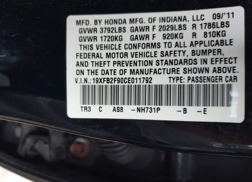 Photo 9 of 2012 Honda Civic EX-L (VIN 19XFB2F90CE011792)
