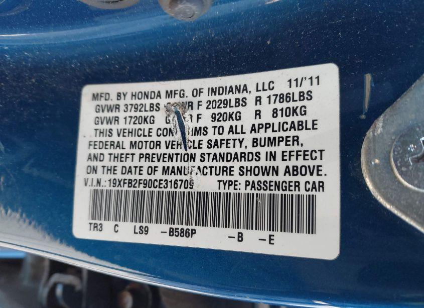 Photo 9 of 2012 Honda Civic EX-L (VIN 19XFB2F90CE316709)