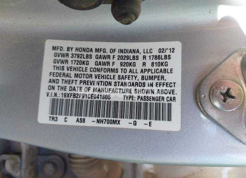 Photo 9 of 2012 Honda Civic SDN EX-L (VIN 19XFB2F91CE041805)