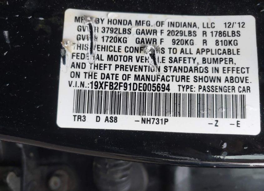 Photo 9 of 2013 Honda Civic EX-L (VIN 19XFB2F91DE005694)