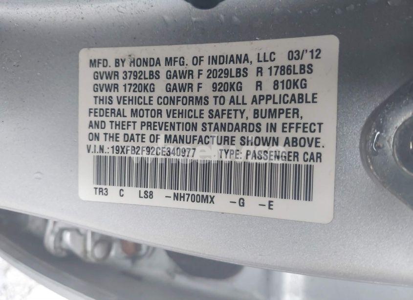 Photo 9 of 2012 Honda Civic EX-L (VIN 19XFB2F92CE340977)