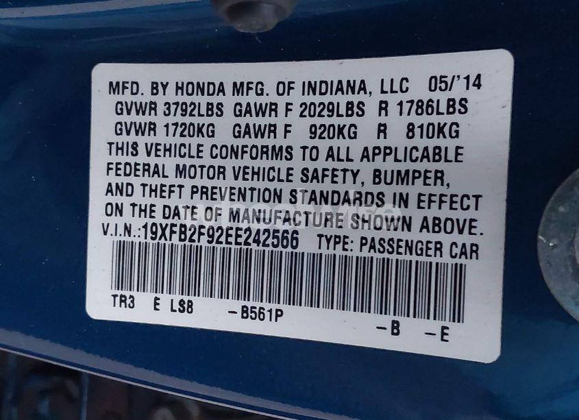 Photo 9 of 2014 Honda Civic EX-L (VIN 19XFB2F92EE242566)