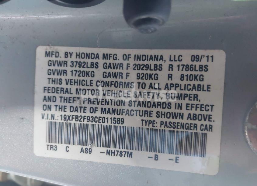 Photo 9 of 2012 Honda Civic EX-L (VIN 19XFB2F93CE011589)