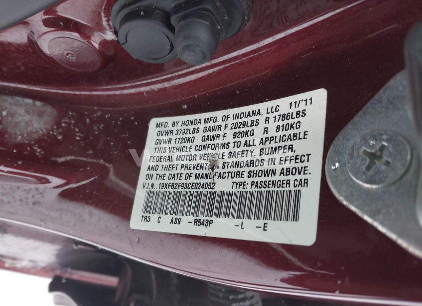 Photo 9 of 2012 Honda Civic SDN EX-L (VIN 19XFB2F93CE024052)