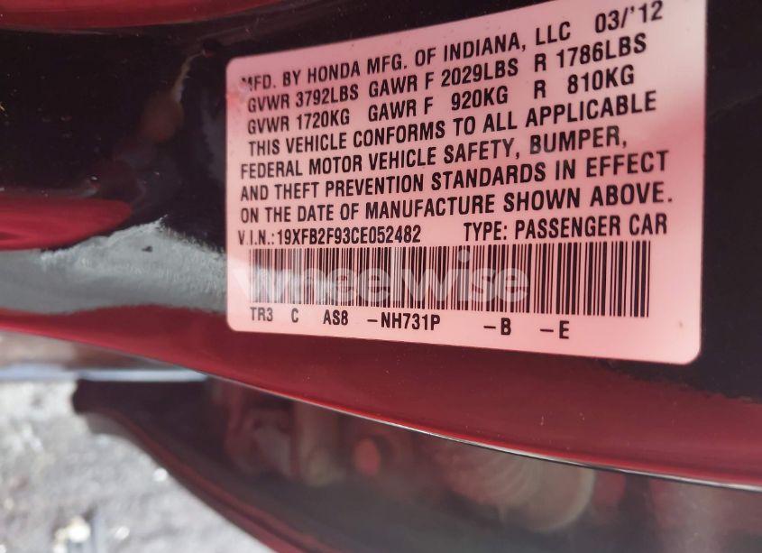 Photo 9 of 2012 Honda Civic EX-L (VIN 19XFB2F93CE052482)