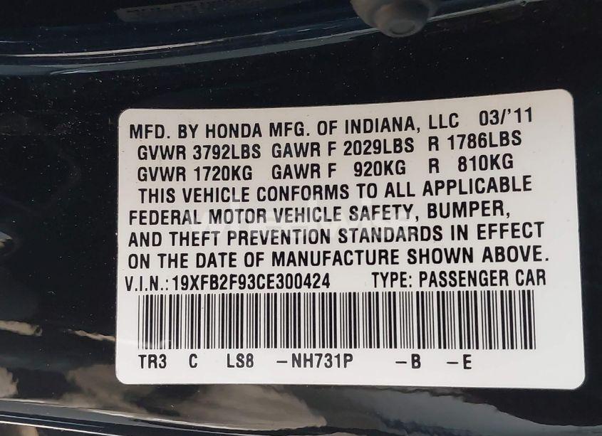 Photo 9 of 2012 Honda Civic EX-L (VIN 19XFB2F93CE300424)