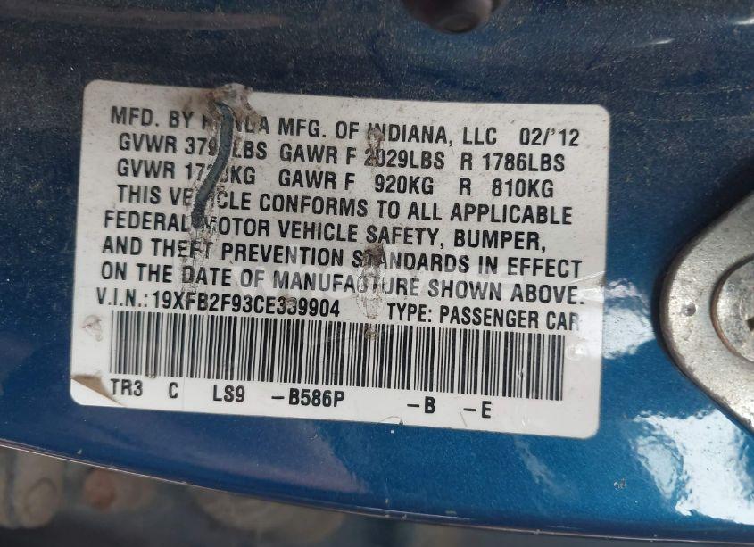 Photo 9 of 2012 Honda Civic EX-L (VIN 19XFB2F93CE339904)