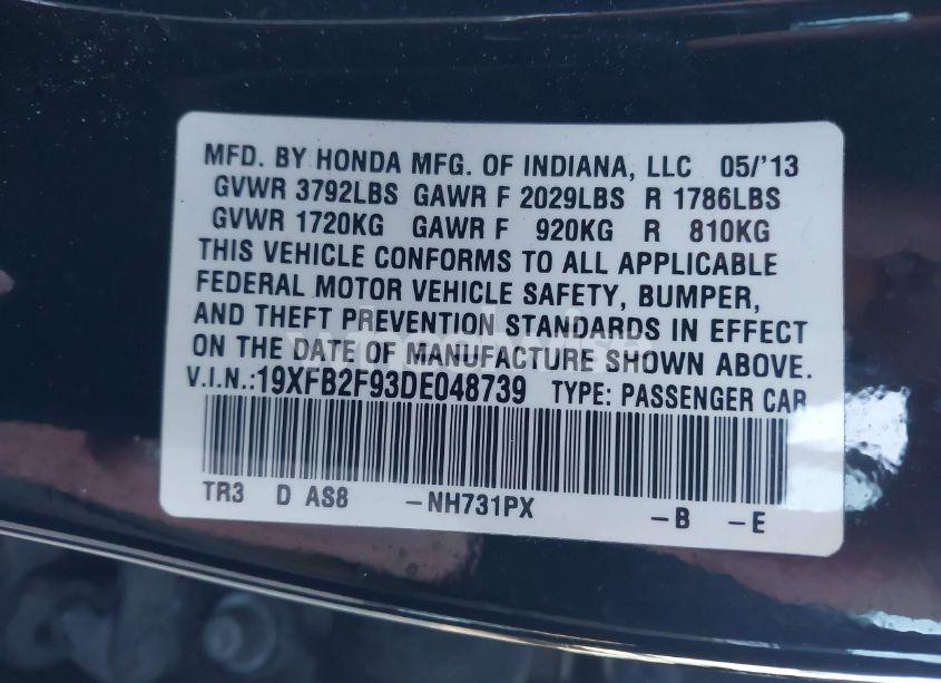 Photo 9 of 2013 Honda Civic EX-L (VIN 19XFB2F93DE048739)