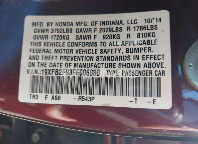 Photo 9 of 2015 Honda Civic EX-L (VIN 19XFB2F93FE006980)