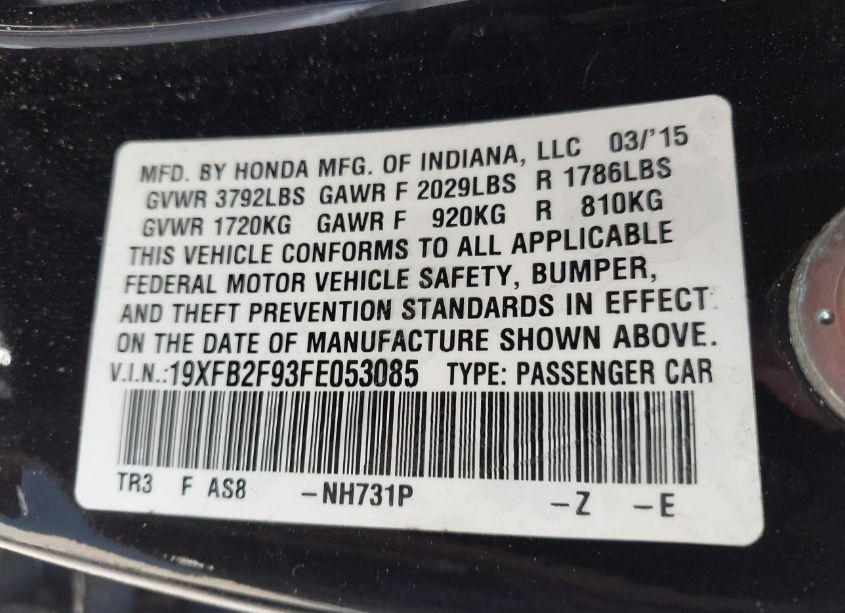 Photo 9 of 2015 Honda Civic EX-L (VIN 19XFB2F93FE053085)