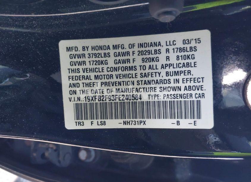 Photo 9 of 2015 Honda Civic EX-L (VIN 19XFB2F93FE240584)