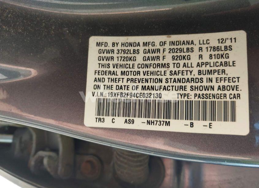 Photo 9 of 2012 Honda Civic EX-L (VIN 19XFB2F94CE032130)