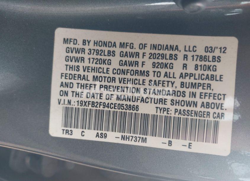 Photo 9 of 2012 Honda Civic EX-L (VIN 19XFB2F94CE053866)