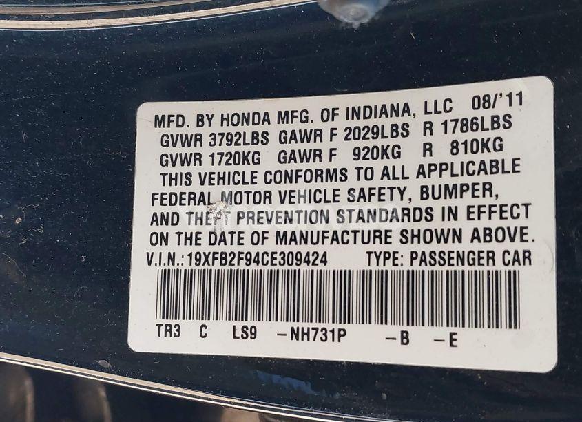 Photo 9 of 2012 Honda Civic EX-L (VIN 19XFB2F94CE309424)