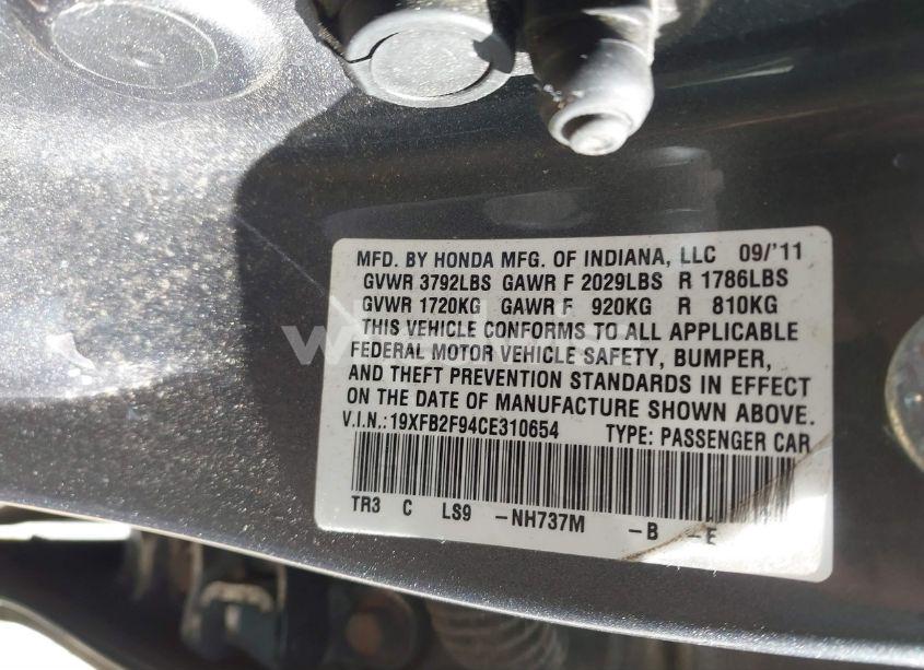 Photo 9 of 2012 Honda Civic EX-L (VIN 19XFB2F94CE310654)