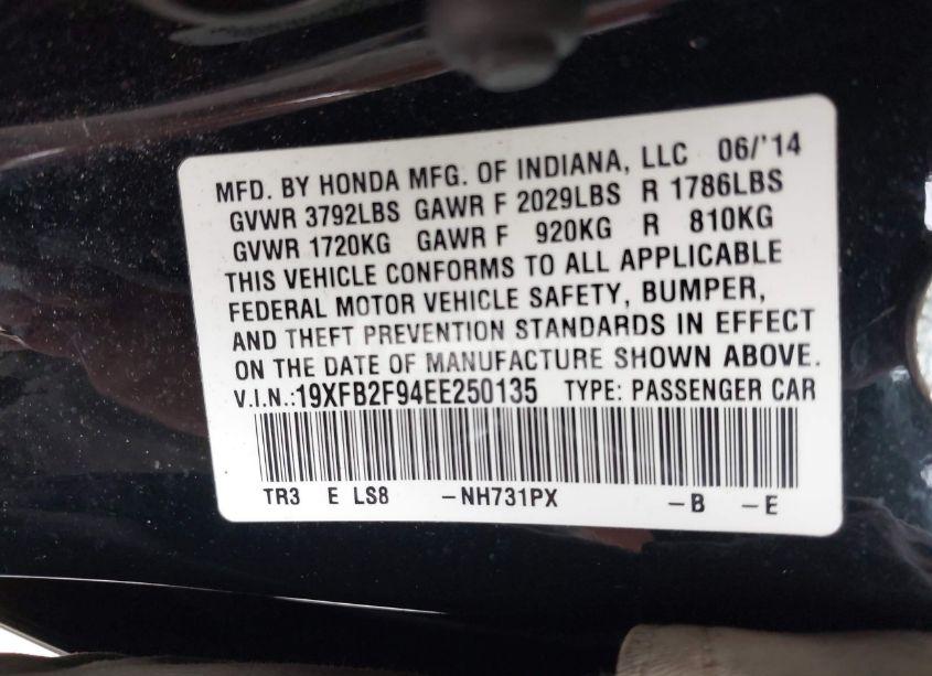 Photo 9 of 2014 Honda Civic EX-L (VIN 19XFB2F94EE250135)