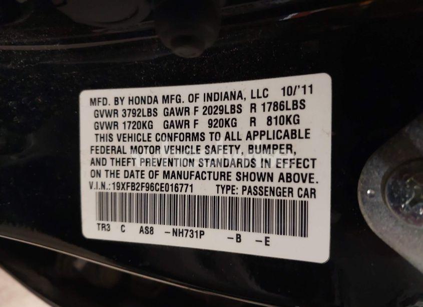 Photo 9 of 2012 Honda Civic EX-L (VIN 19XFB2F96CE016771)