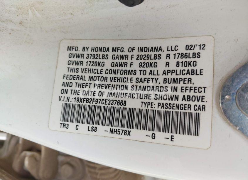 Photo 9 of 2012 Honda Civic EX-L (VIN 19XFB2F97CE337668)