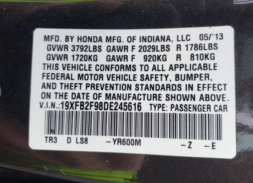 Photo 9 of 2013 Honda Civic EX-L (VIN 19XFB2F98DE245616)