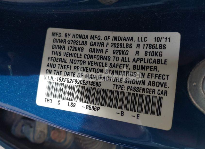 Photo 9 of 2012 Honda Civic EX-L (VIN 19XFB2F99CE314585)