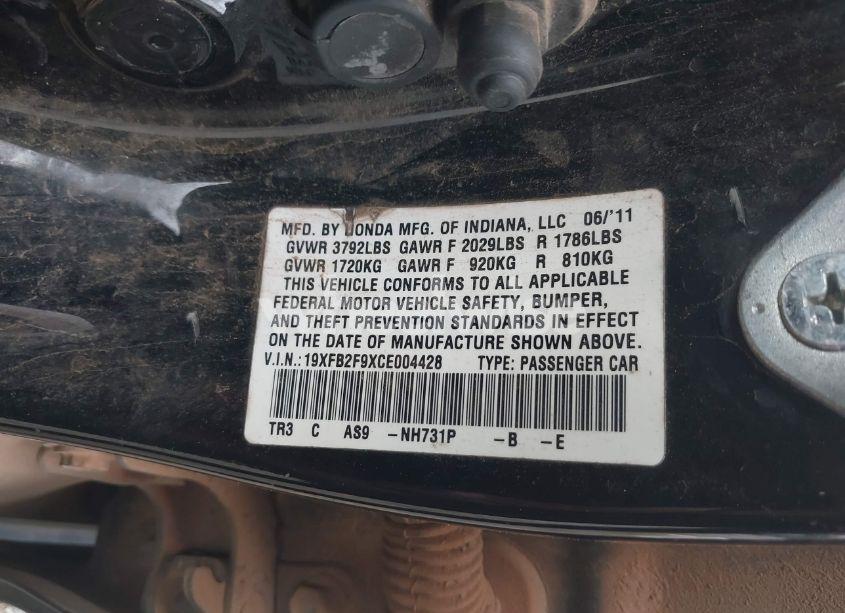 Photo 9 of 2012 Honda Civic EX-L (VIN 19XFB2F9XCE004428)