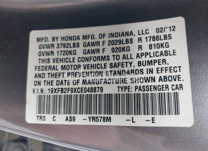 Photo 9 of 2012 Honda Civic EX-L (VIN 19XFB2F9XCE048879)