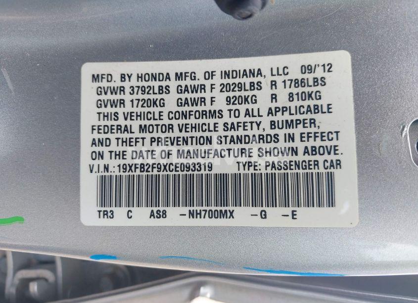 Photo 9 of 2012 Honda Civic EX-L (VIN 19XFB2F9XCE093319)