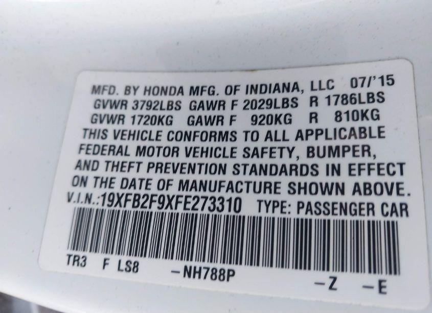 Photo 9 of 2015 Honda Civic EX-L (VIN 19XFB2F9XFE273310)