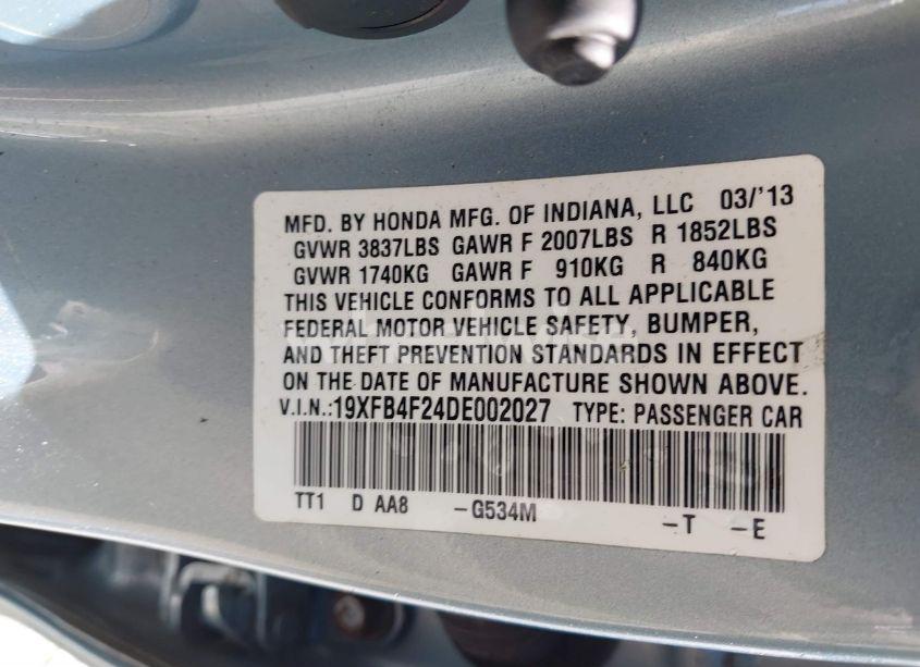 Photo 9 of 2013 Honda Civic HYBRID (VIN 19XFB4F24DE002027)