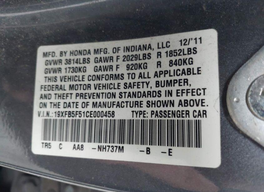 Photo 9 of 2012 Honda Civic NATURAL GAS (VIN 19XFB5F51CE000458)