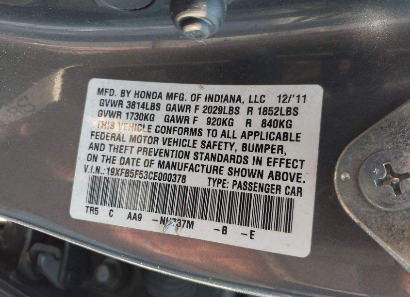Photo 9 of 2012 Honda Civic SDN CNG/NATURAL GAS (VIN 19XFB5F53CE000378)