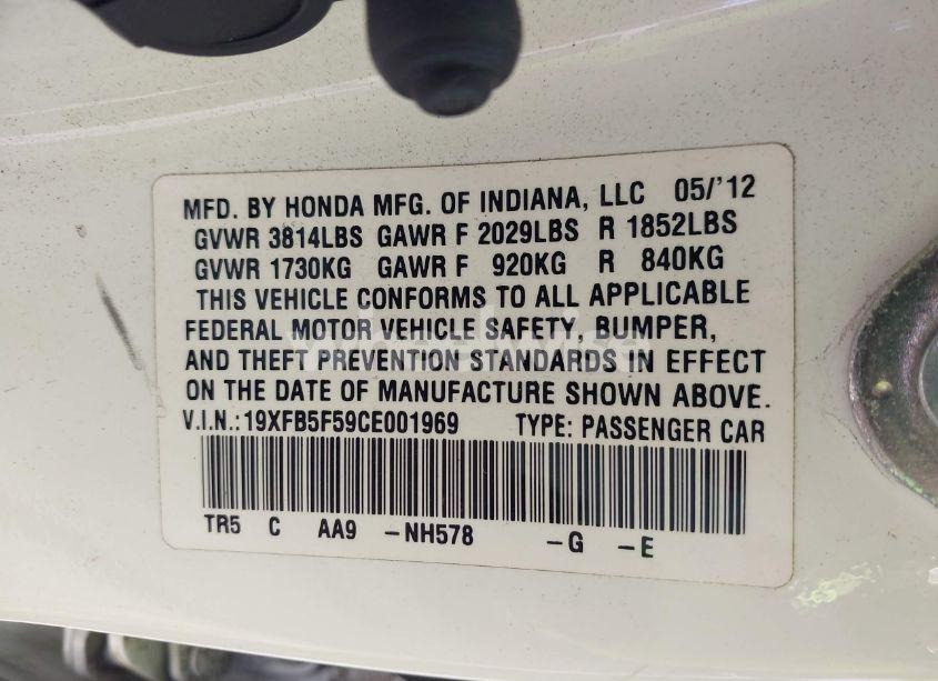 Photo 9 of 2012 Honda Civic NATURAL GAS (VIN 19XFB5F59CE001969)