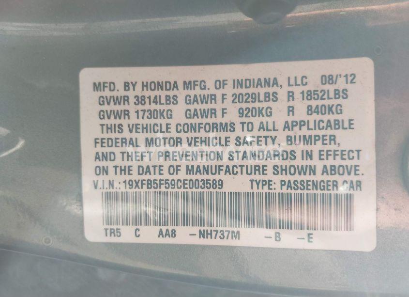 Photo 9 of 2012 Honda Civic NATURAL GAS (VIN 19XFB5F59CE003589)