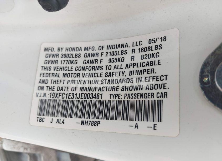 Photo 9 of 2018 Honda Civic EX-T (VIN 19XFC1E31JE003461)