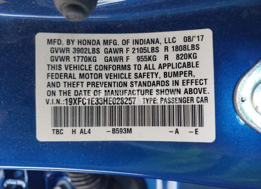 Photo 9 of 2017 Honda Civic EX-T (VIN 19XFC1E33HE028257)