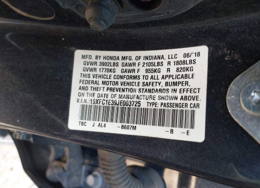 Photo 9 of 2018 Honda Civic EX-T (VIN 19XFC1E39JE003725)