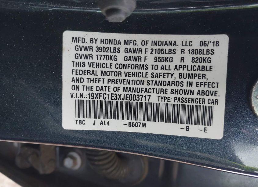 Photo 9 of 2018 Honda Civic EX-T (VIN 19XFC1E3XJE003717)