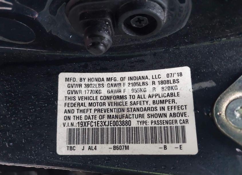 Photo 9 of 2018 Honda Civic EX-T (VIN 19XFC1E3XJE003880)