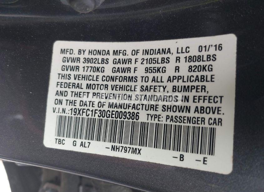 Photo 9 of 2016 Honda Civic EX-T (VIN 19XFC1F30GE009386)