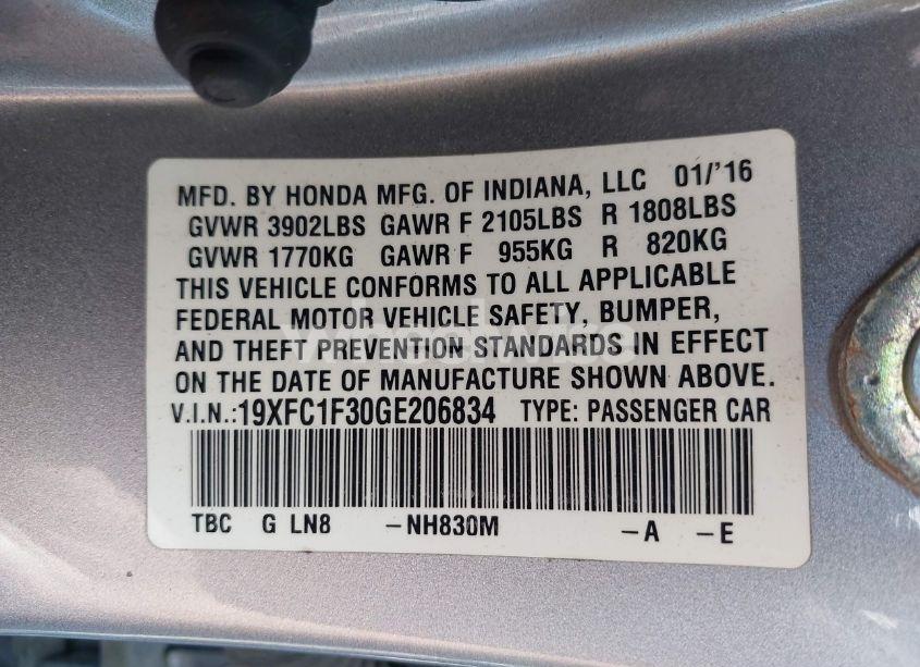 Photo 9 of 2016 Honda Civic EX-T (VIN 19XFC1F30GE206834)