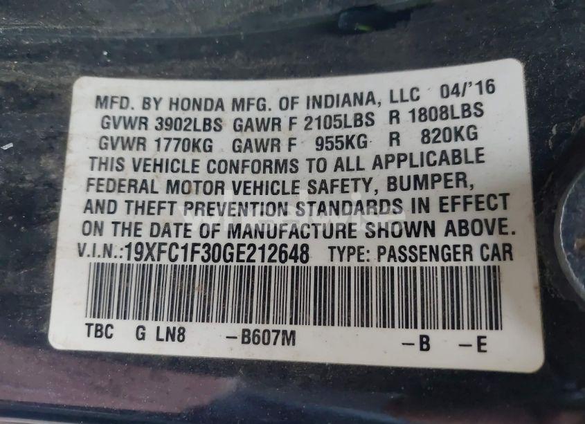 Photo 9 of 2016 Honda Civic EX-T (VIN 19XFC1F30GE212648)