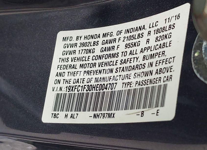 Photo 9 of 2017 Honda Civic EX-T (VIN 19XFC1F30HE004707)