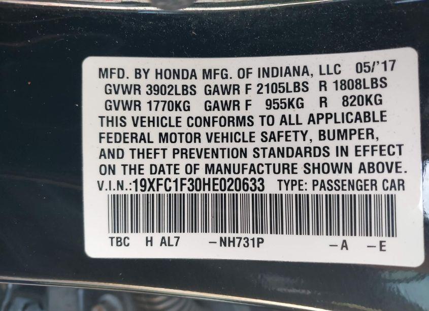 Photo 9 of 2017 Honda Civic EX-T (VIN 19XFC1F30HE020633)
