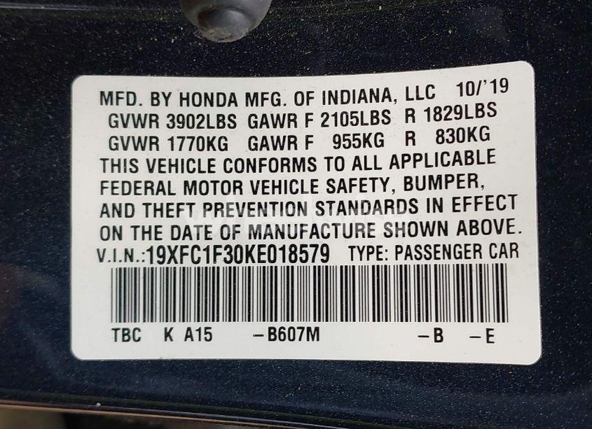 Photo 9 of 2019 Honda Civic EX (VIN 19XFC1F30KE018579)