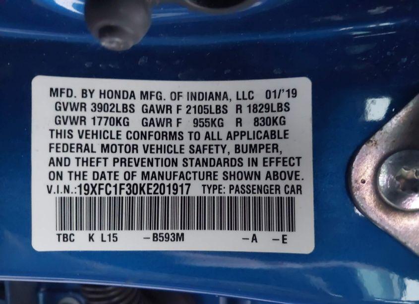 Photo 9 of 2019 Honda Civic EX (VIN 19XFC1F30KE201917)