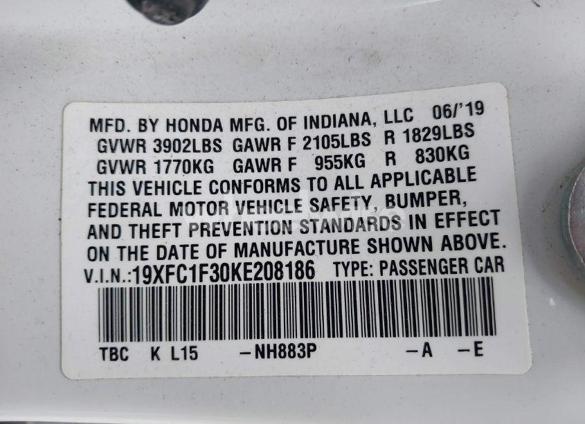 Photo 9 of 2019 Honda Civic EX (VIN 19XFC1F30KE208186)