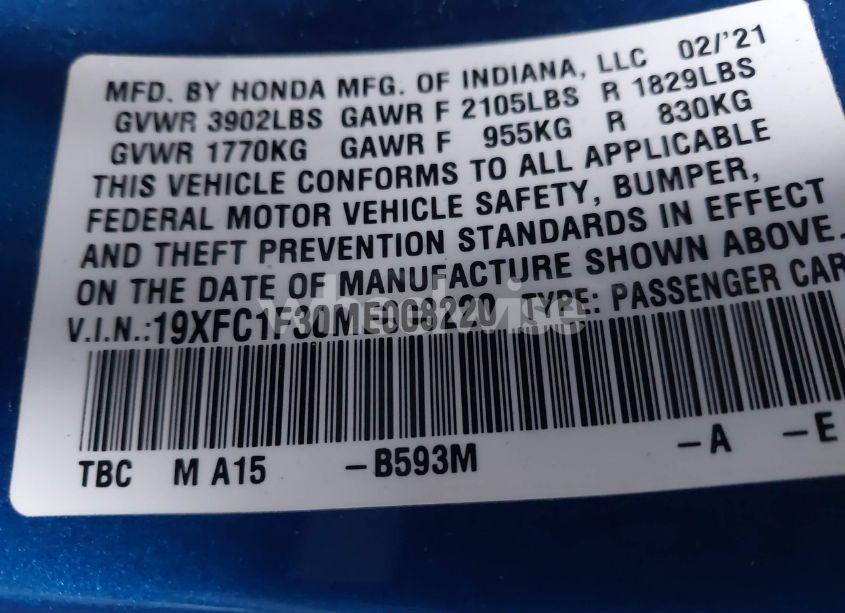 Photo 9 of 2021 Honda Civic EX (VIN 19XFC1F30ME008220)