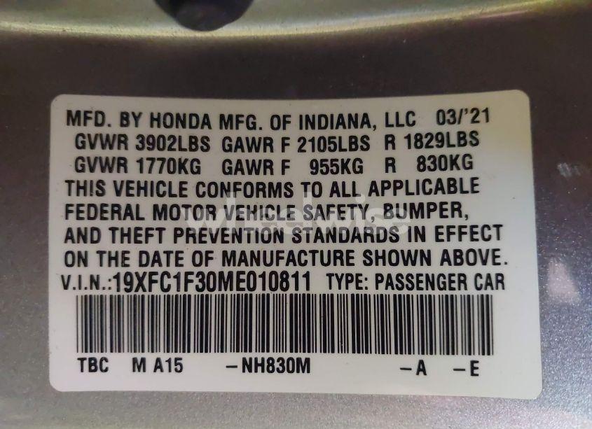 Photo 9 of 2021 Honda Civic EX (VIN 19XFC1F30ME010811)