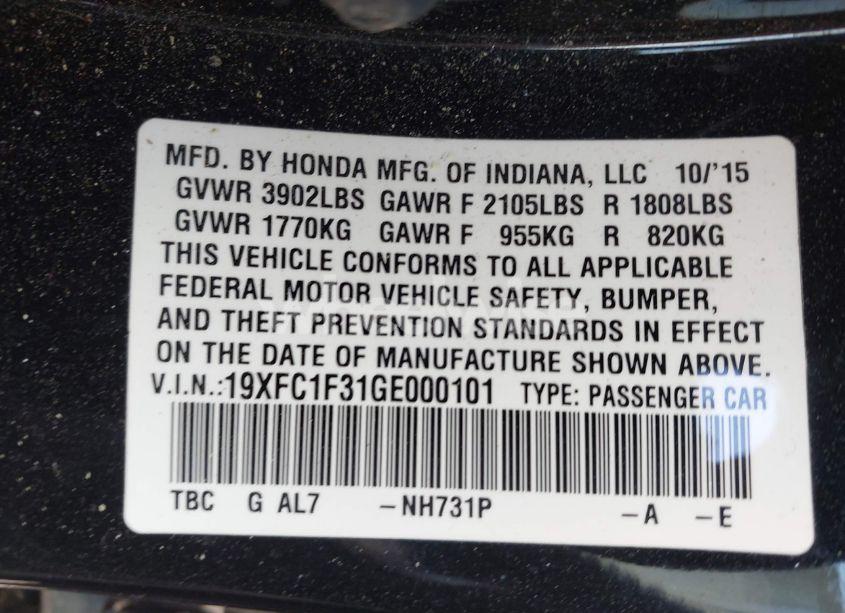 Photo 9 of 2016 Honda Civic EX-T (VIN 19XFC1F31GE000101)