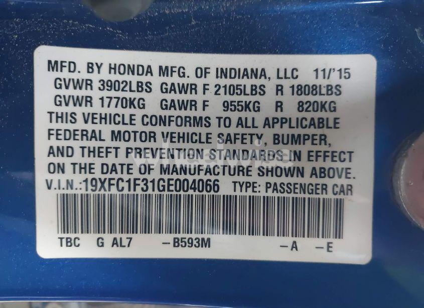 Photo 9 of 2016 Honda Civic EX-T (VIN 19XFC1F31GE004066)
